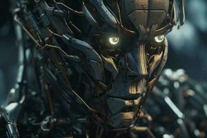 Dark metal robot, close up. AI Generative photo