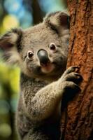 Close up of a cute koala bear on a tree. AI Generative photo
