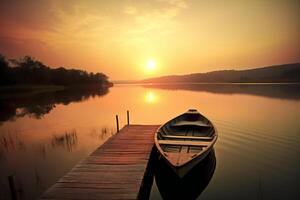 Sunset on the lake with wooden jetty and boat. photo