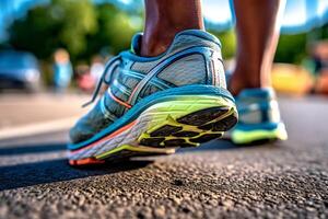 Running shoes in the city, sports and healthy lifestyle concept. photo