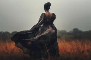 Beautiful young woman in a long black dress in the field. photo