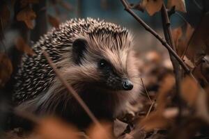 Hedgehog among leaves in forest, autumn picture. photo