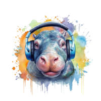 watercolor hippo wearing headphones . AI Generated png