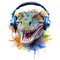 watercolor crocodile wearing headphones . AI Generated png