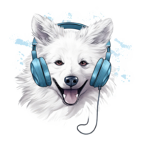 watercolor japanese spitz dog wearing headphones . AI Generated png