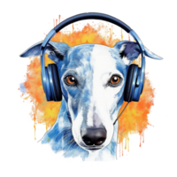 aguarela whippet cachorro vestindo fones de ouvido . ai gerado png