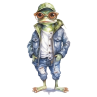 watercolour frog dressed in clothes . AI Generated png