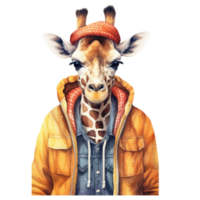 waterverf giraffe gekleed in kleren . ai gegenereerd png