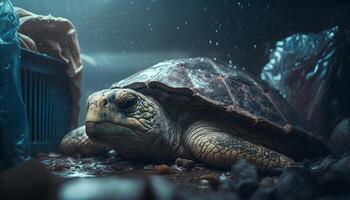 A turtle sleeps among the piles of plastic waste and the rain. concept of saving the world. . photo
