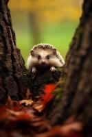 erizo en el bosque en un antecedentes de otoño hojas. ai generativo foto