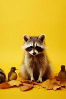 Cute raccoon with duckling on yellow background. photo