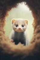 Cute ferret looking out of the hole in the wall. AI Generative photo