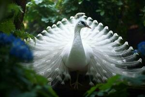 White peacock with wings spread on a tree in the garden. AI Generative photo
