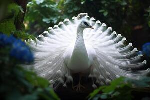 White peacock with wings spread on a tree in the garden. photo