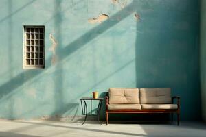 interior de un vivo habitación con un marrón sofá y un ventana. ai generativo foto