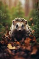 Hedgehog in the autumn forest. Wild and free animal. AI Generative photo