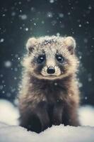 Cute raccoon in winter forest. Animal in the snow. AI Generative photo