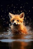 rojo zorro nadando en el agua en un oscuro antecedentes con lluvia gotas. ai generativo foto