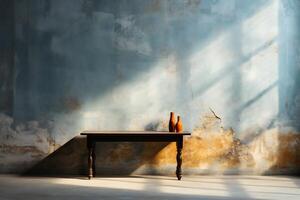 Old wooden table and bottle of wine on a concrete wall background. AI Generative photo