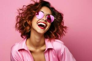 Beautuful girl against pink background photo