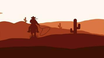 animering av de öken- med en cowboy och kaktus träd på solnedgång. 4k animationer, cowboy animering bakgrund video