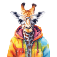 waterverf giraffe gekleed in kleren . ai gegenereerd png