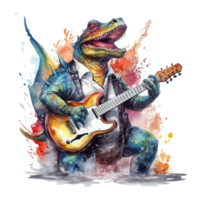 watercolor dinosaur playing guitar . AI Generated png