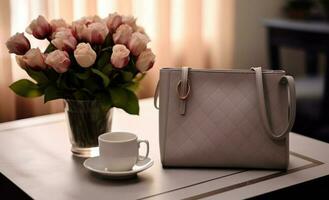 Modern elegant leather bag on coffee table photo