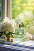 Glass perfume bottle with flowers photo