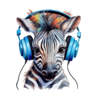 watercolor little zebra big eyes wearing headphones . AI Generated png