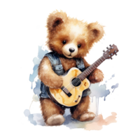 aguarela Urso jogando guitarra . ai gerado png