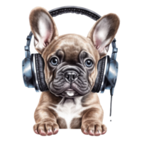 watercolor french bulldog wearing headphones . AI Generated png