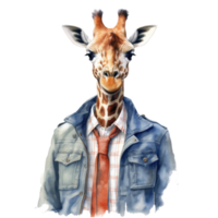 waterverf giraffe gekleed in kleren . ai gegenereerd png