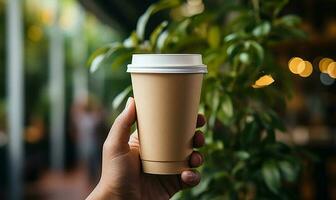 hand holding paper coffee cup generated by AI photo