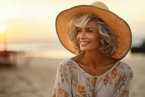 hermoso antiguo mujer sonriente en el playa foto
