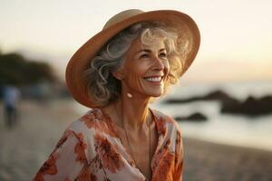 hermoso antiguo mujer sonriente en el playa foto