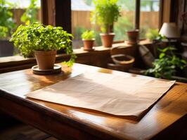 paper on the wooden table, real photography with smooth lighting and sun light AI generate photo