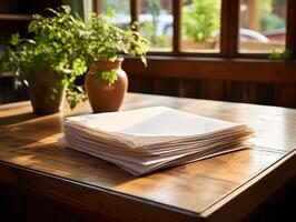 paper on the wooden table, real photography with smooth lighting and sun light AI generate photo