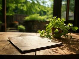 paper on the wooden table, real photography with smooth lighting and sun light AI generate photo