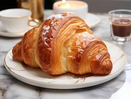 photography of french croissant on the white marble table AI generated photo