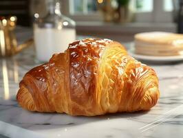 photography of french croissant on the white marble table AI generated photo