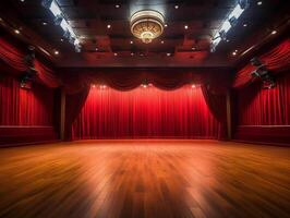 theater stage with red curtain, lighting, wooden floor, insane detail, smooth lighting AI generative photo