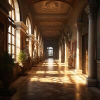 A realistic pictures of a hallway of a building in a renaissance era photo