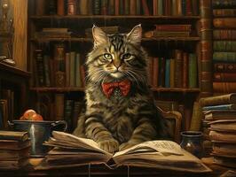 surrealist picture of a professor cat in a library, insane detail AI generative photo