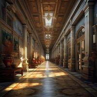 A realistic pictures of a hallway of a building in a renaissance era photo