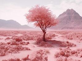 panoramic picture of a baby pink leafed tree in the middle of red utopia desert AI generative photo