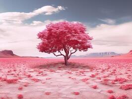 panoramic picture of a baby pink leafed tree in the middle of red utopia desert photo