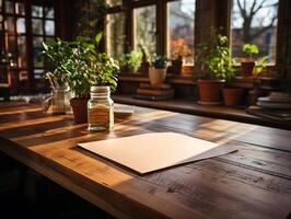 papel en el de madera mesa, real fotografía con suave Encendiendo y Dom ligero ai generar foto