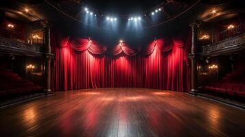 teatro escenario, con rojo cortina, de madera piso, sillas y Encendiendo ai generativo foto