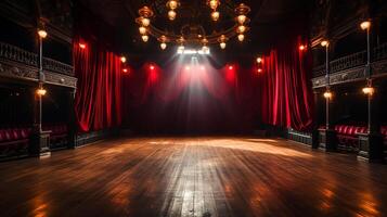 teatro escenario, con rojo cortina, de madera piso, sillas y Encendiendo ai generativo foto